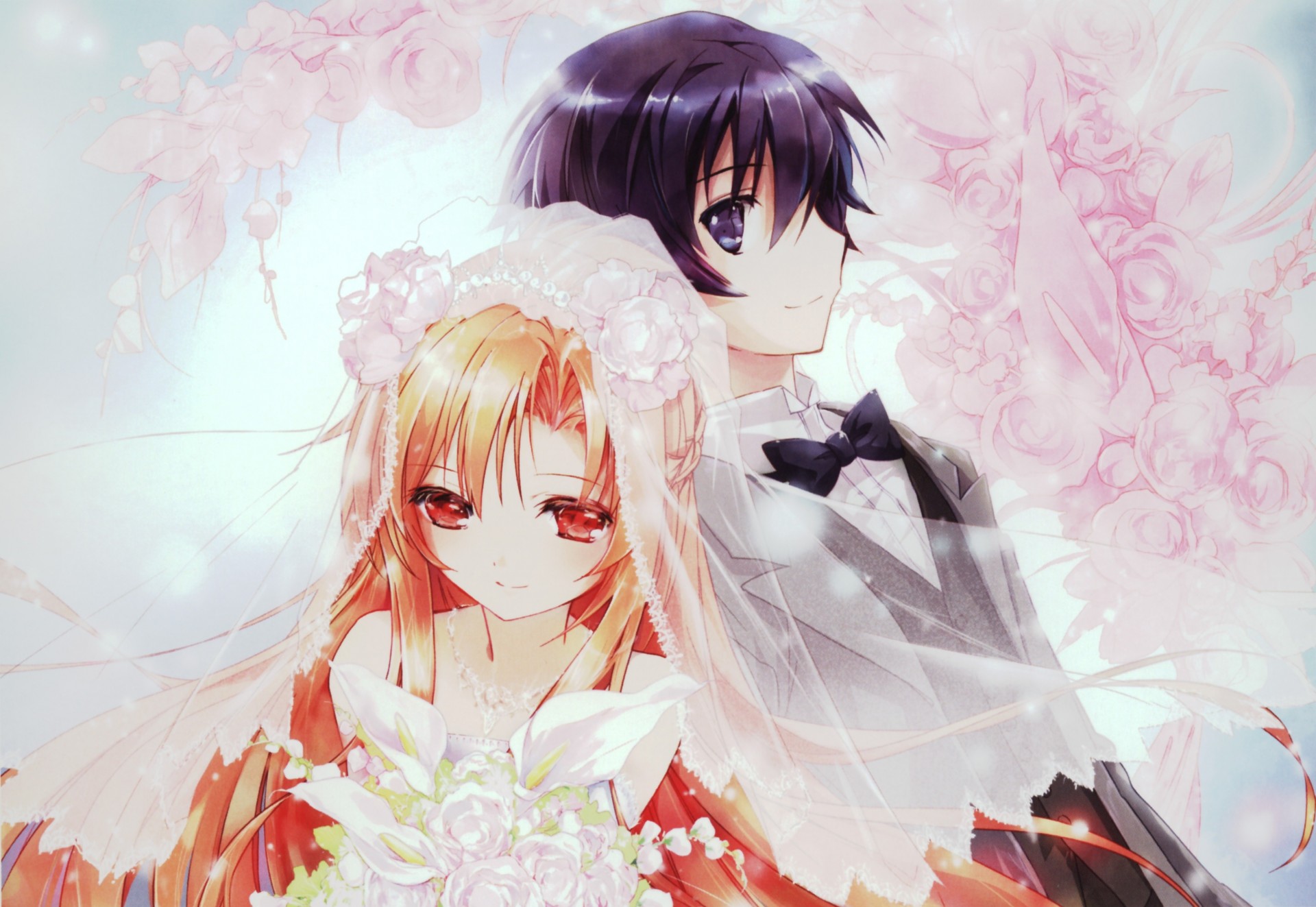 brown eyes long hair red eyes kirigaya kazuto yuuki asuna wedding dress brown hair