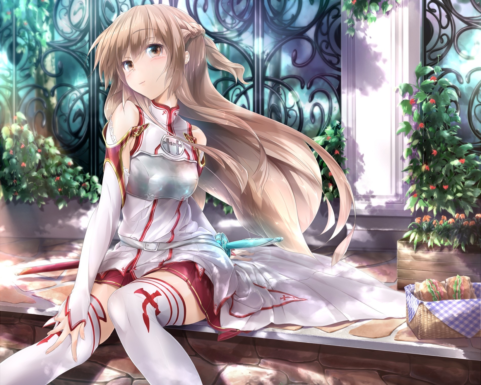 cheveux longs yeux bruns yuki asuna thighhighs cheveux bruns