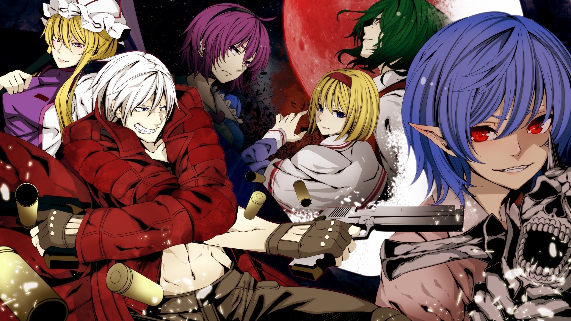 flying fortress enzo green hair blue hair blue eyes blonde hair kazami yuuka night red eyes purple eyes yakumo yukari remilia scarlet komeiji satori short hair the group purple hair crossover dante weapon white hair moon