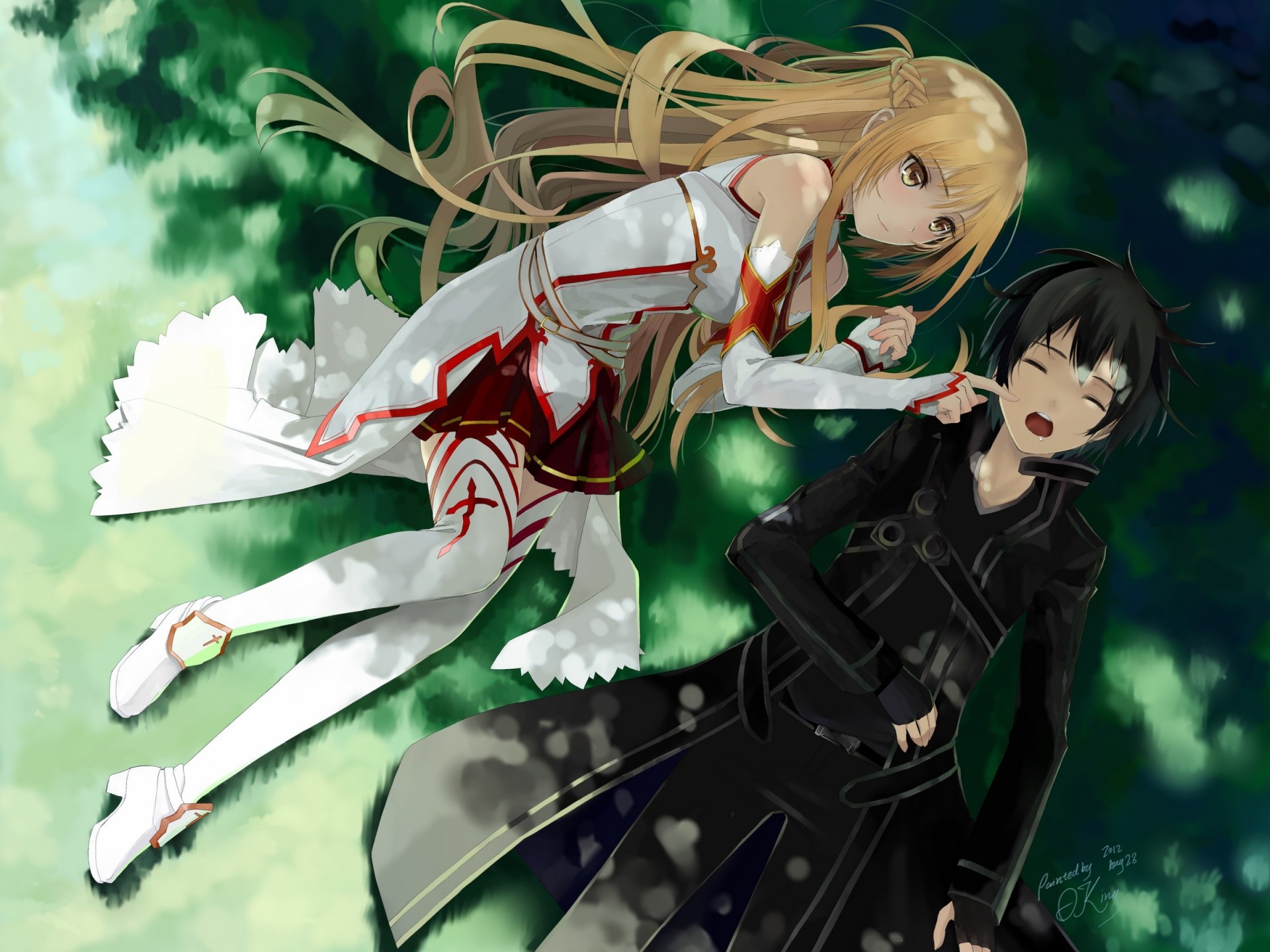 kurze haare lange haare blonde haare schwarze haare schlafen gras kirigaya kazuto yuki asuna thighhigh