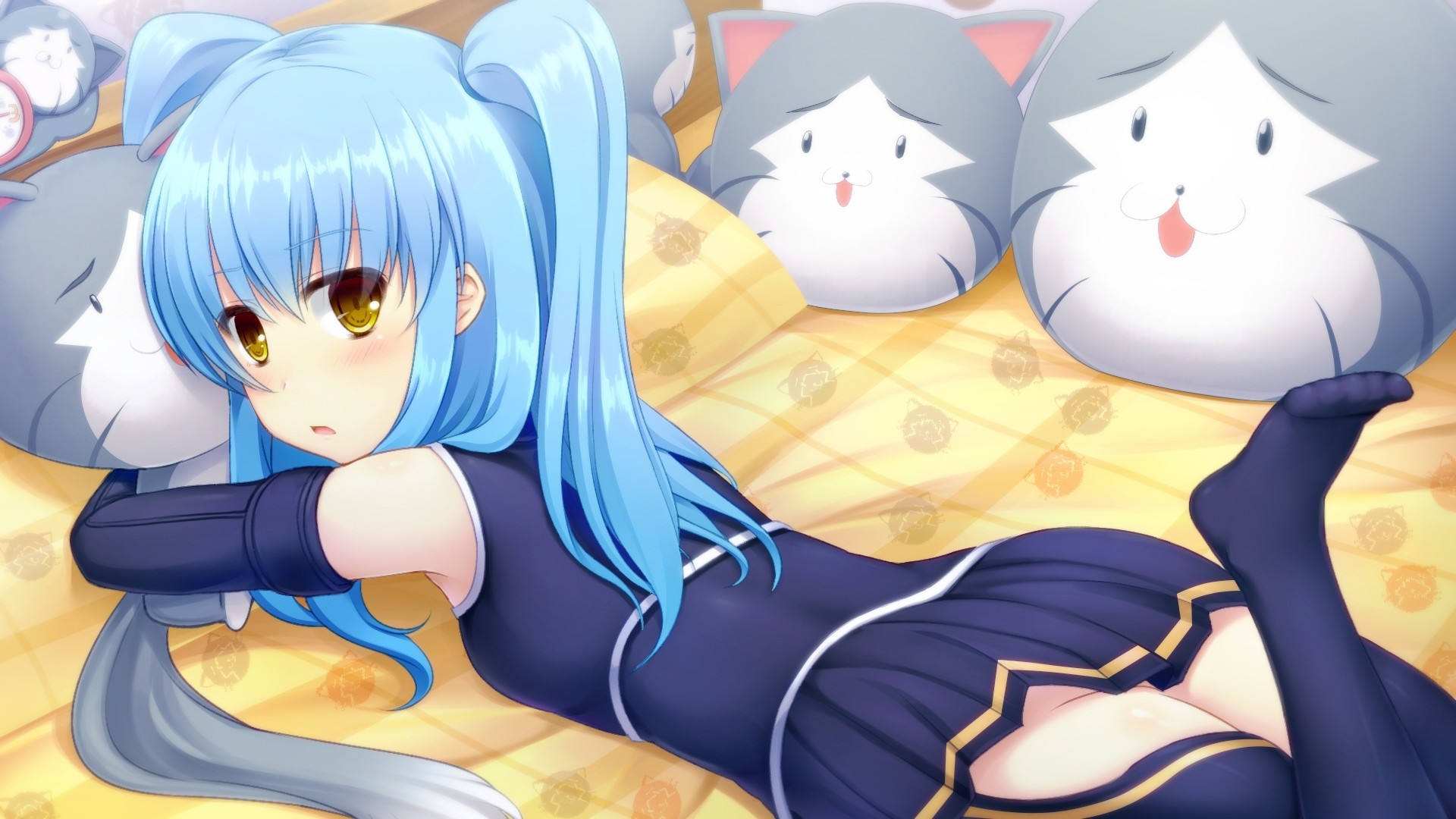 twintails blush bed long hair teddy bear thighhighs blue hair