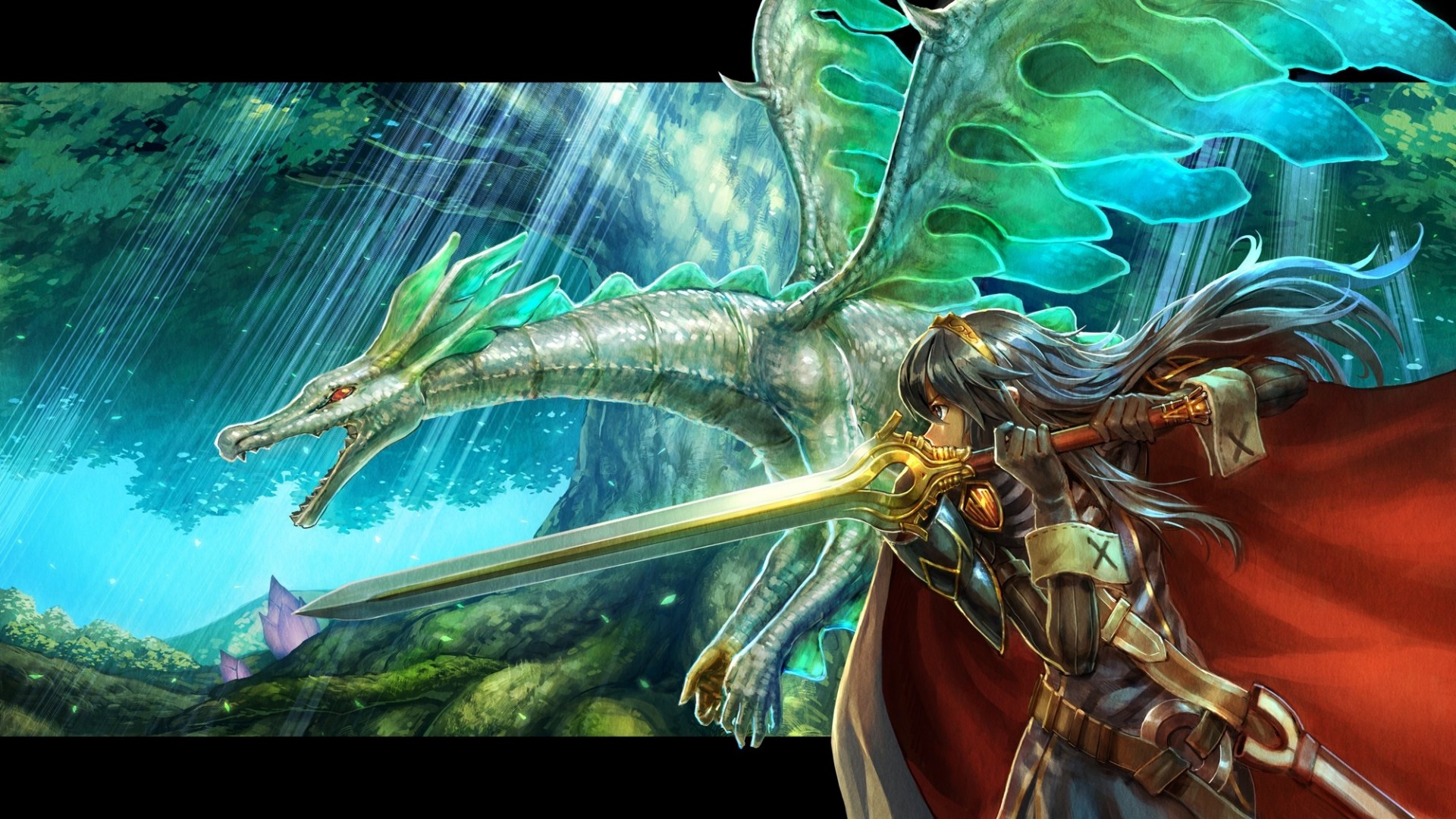 blue eyes cape dragon armour black hair gloves tree long hair sword weapon