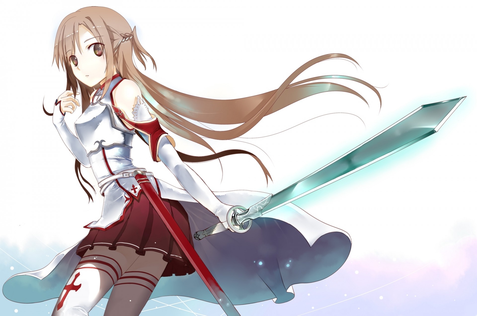 brown eyes zettai ryouiki armour skirt weapon long hair yuuki asuna sword thighhighs brown hair