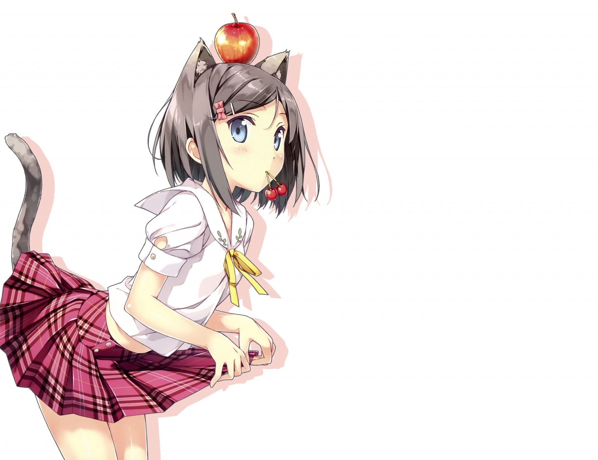 blue eyes short hair seifuku catgirl skirt blush apple black hair sakura tail animal ears food