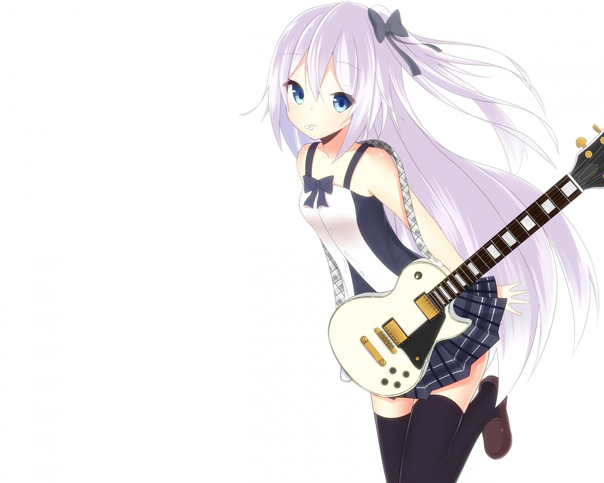 instrument cheveux longs blanc thighhighs guitare