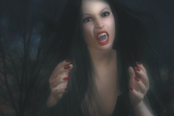 Vampire girl in black dress at night