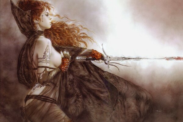 A red-haired beast with a tattoo. Art of a girl with a sword