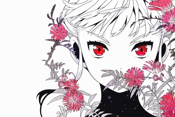 The girl with red eyes in flowers