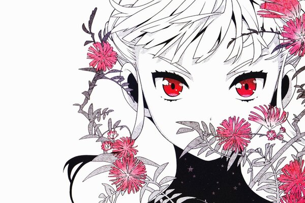 Fille aux yeux rouges en fleurs