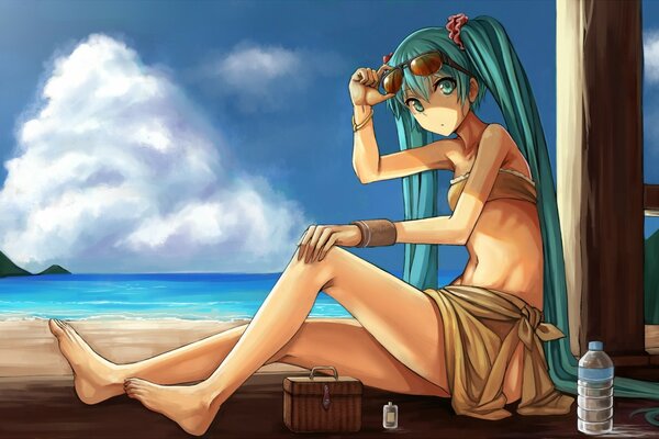 Blue-haired girl near the beach