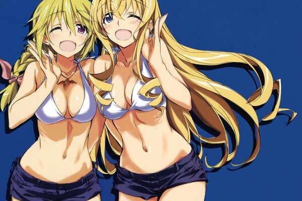 Two girls with long blonde hair in a bikini