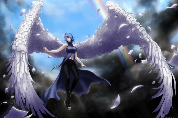 Mädchen mit Flügeln auf dem Hintergrund des Himmels und des Regenbogens im Anime-Stil