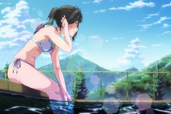 Anime girl with black hair in the pool