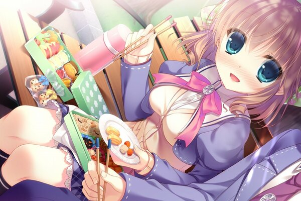 Anime girl Nishizono Kanna with food