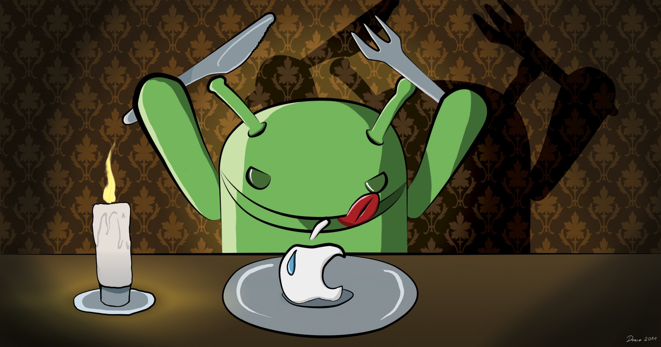 android dinner candle knife fork dish apple art