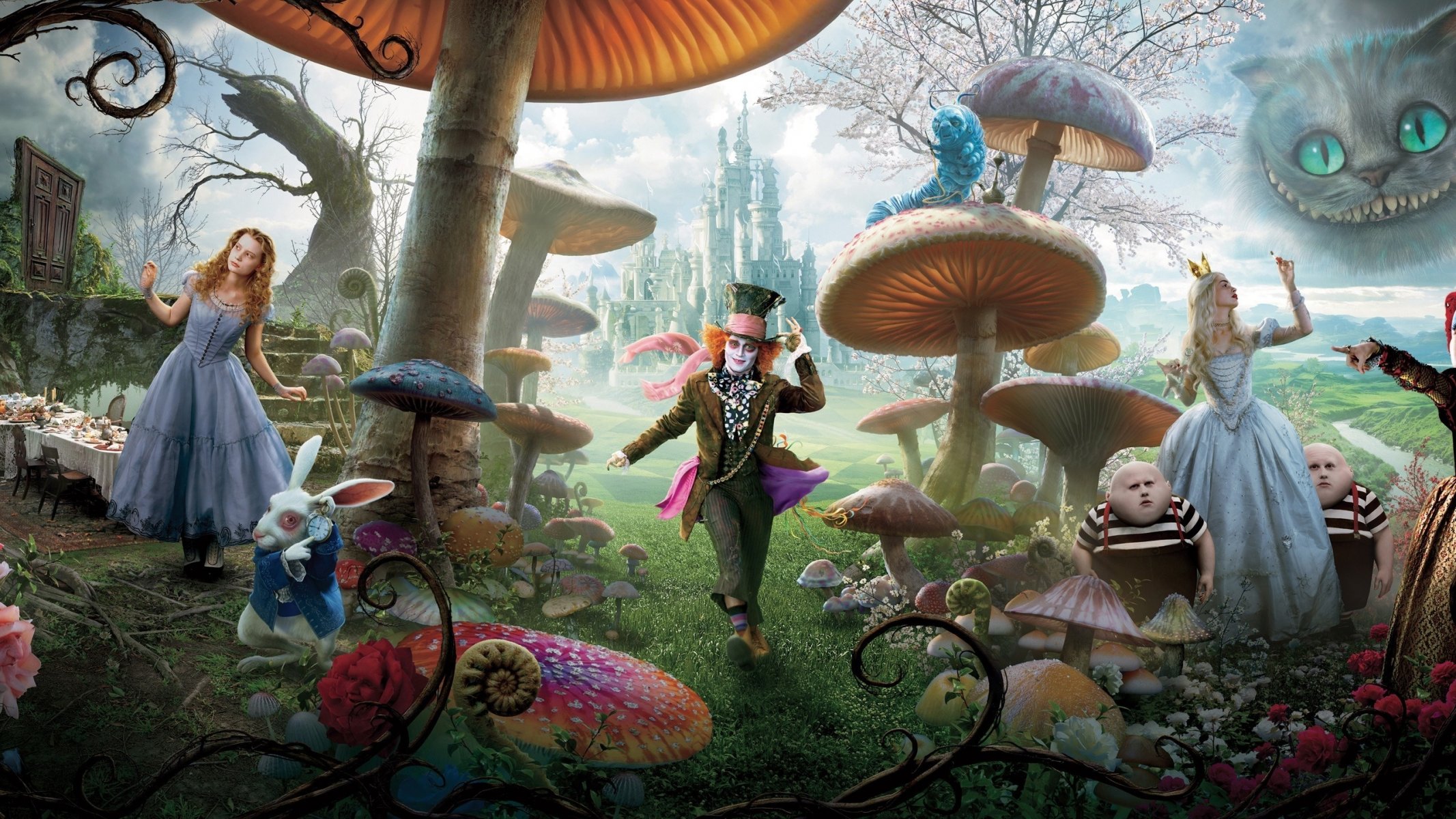 johnny dep queen johnny depp alice in wonderland large mushrooms clown mushrooms hare castle crown grass fantasy drawings anime