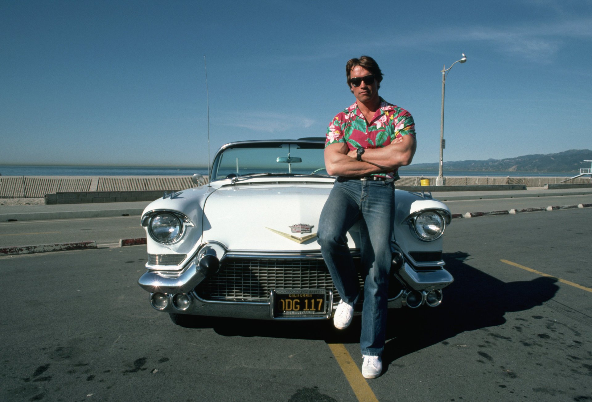 arnold schwarz negger schwarzenegger camicia colorata kaa bella carriola giornata di sole automobili ragazzo occhiali jeans posa auto bianca convertibile ombra pista macchina orologio auto trasporto auto jock