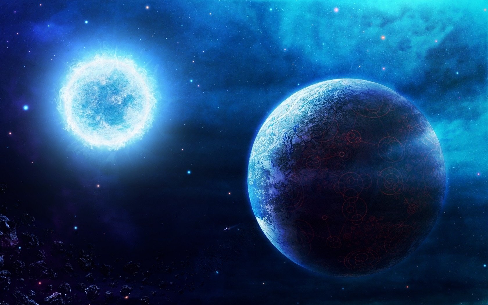 blauer planet flammen sterne universum galaxie weltraum nebel