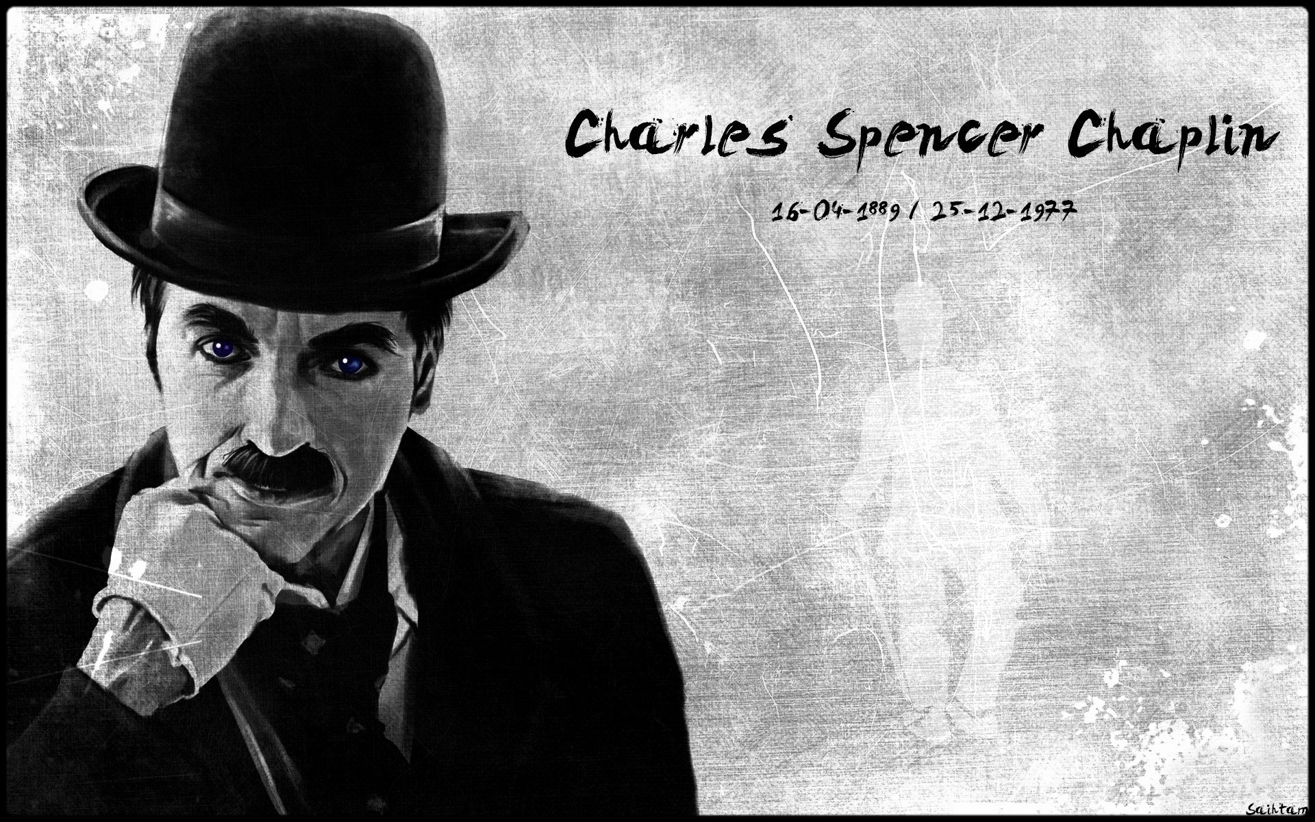 humoriste mime charlie chaplin portrait acteurs de cinéma vue chapeau vieux moustache fond gris gant yeux visage films cinéma noir et blanc