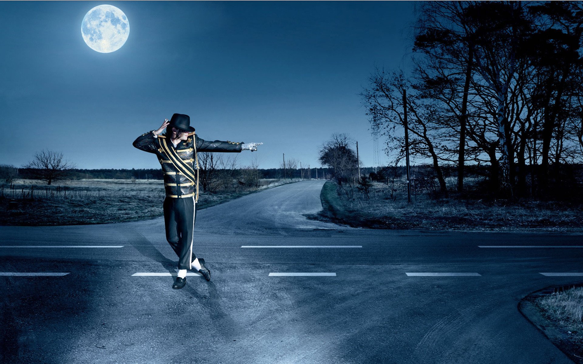 forcella moonwalk michael jackson costume nero musica strada notte genio re cantante musicista ballerino uniforme militare costume cappello luna luna piena incrocio marcatura alberi tiro