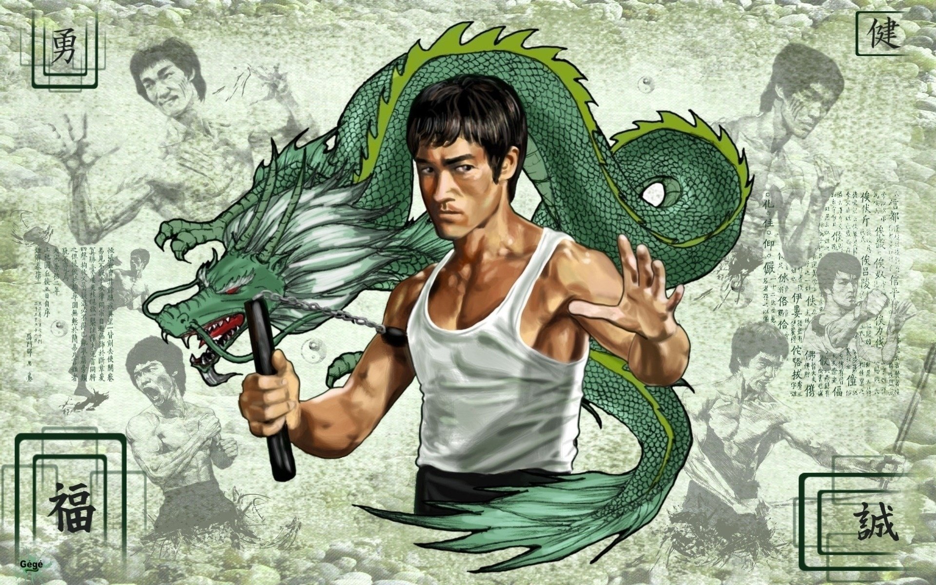 dragón verde unchaki artes marciales bruce lee mirada actores de cine peleas jeroglíficos camiseta fuerza lucha ojos cara