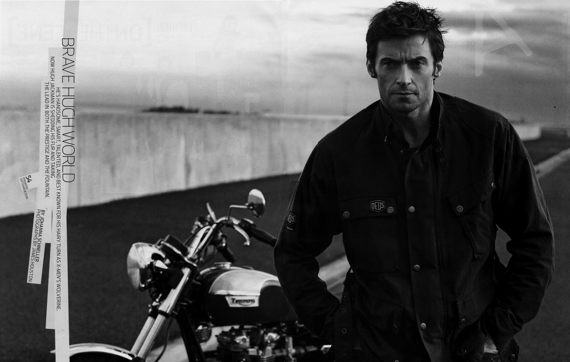 tylish jacket hugh jackman motorcycle handsome b-b actor celebrity star moto face black and white