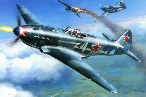 Un avión militar soviético de un solo motor lidera la batalla