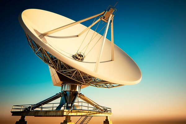 A satellite antenna is depicted against the background of a beautiful sky