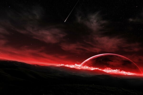 The horizon of a red sunset in outer space