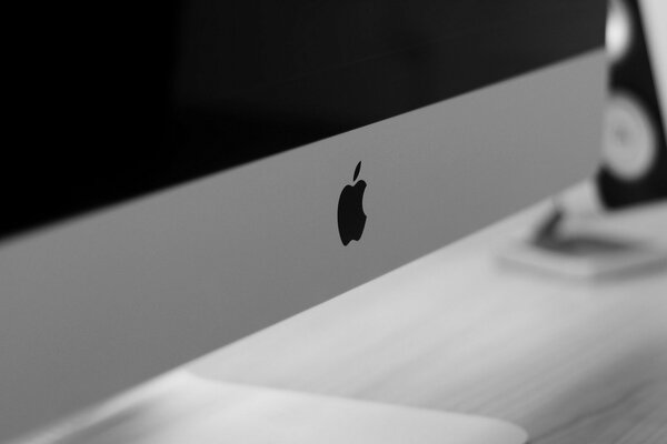 Imac-Computer-Emblem auf schwarzem und weißem Hintergrund