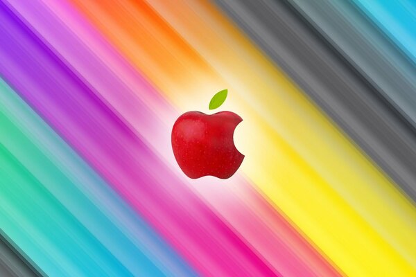 A bitten apple on a rainbow background