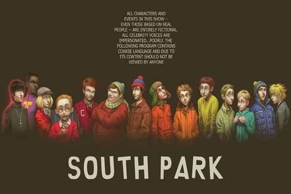 Humanización de los héroes de South Park sobre un fondo marrón