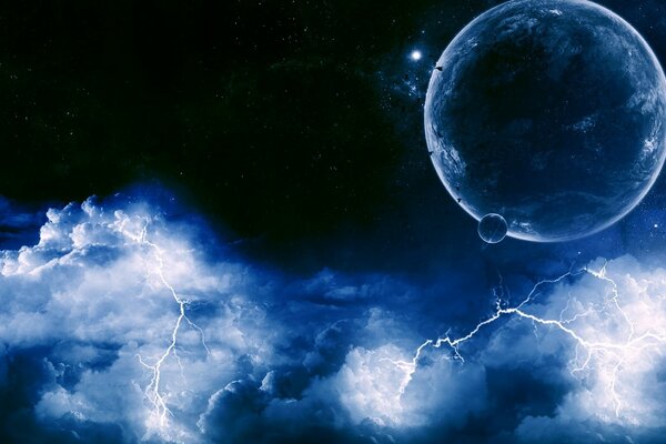 Thunderclouds with lightning on the background of the planet