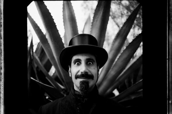 Black and white funny picture of a mustachioed man against a cactus background