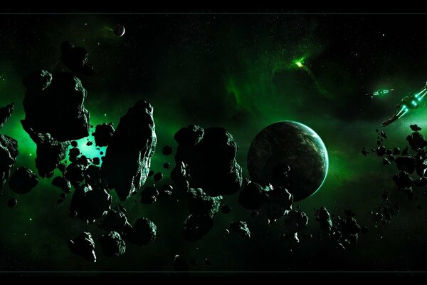 The galaxy universe with space stones on a black and green background