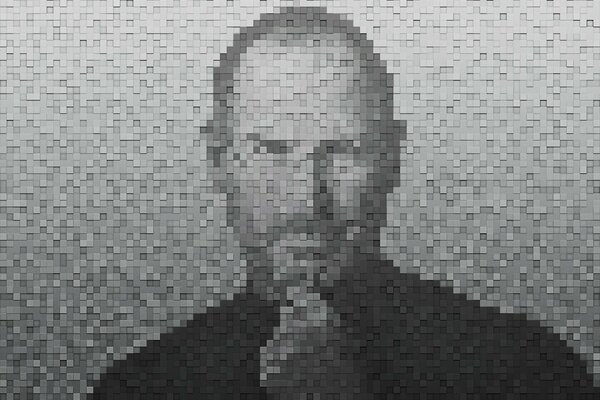 Pixel portrait of Steve jobs in black and white style