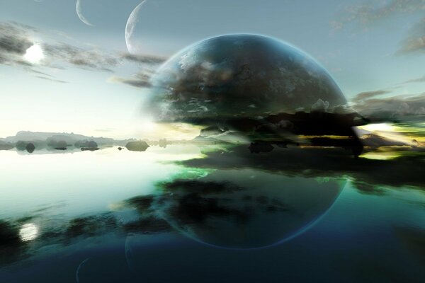 Reflexion eines Planeten mit Wolken im Wasser