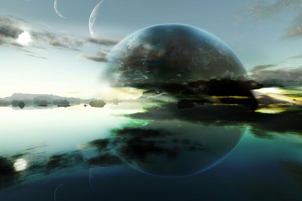 Отражение планеты с облаками в воде