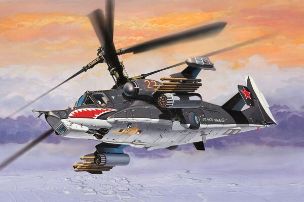 The Soviet helicopter flies high above the blue clouds