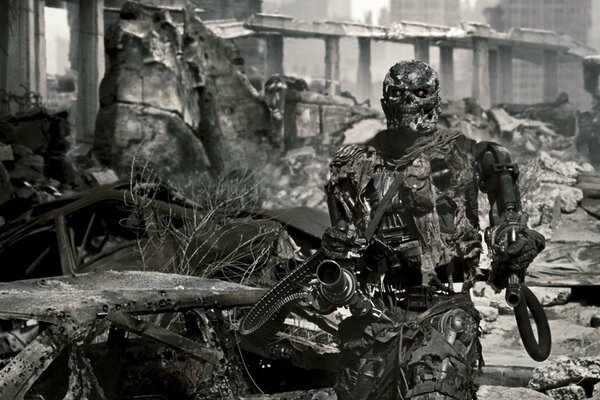 Terminator walks through the ruins of the city