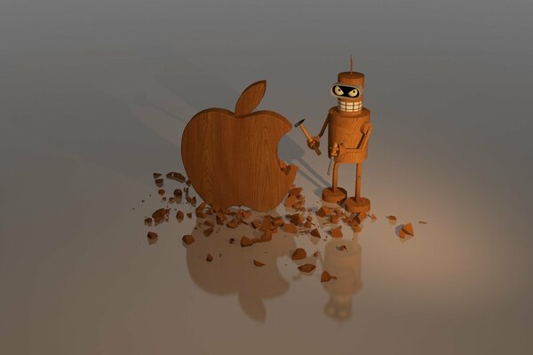 Деревянный человечек мастерит яблоко