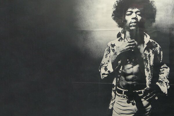 Black and white photo of Jimi Hendrix