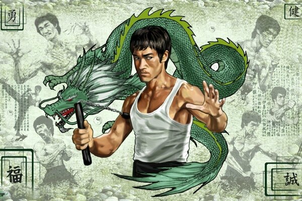 Movie actor Bruce Lee in a poppy against the background of a green dragon