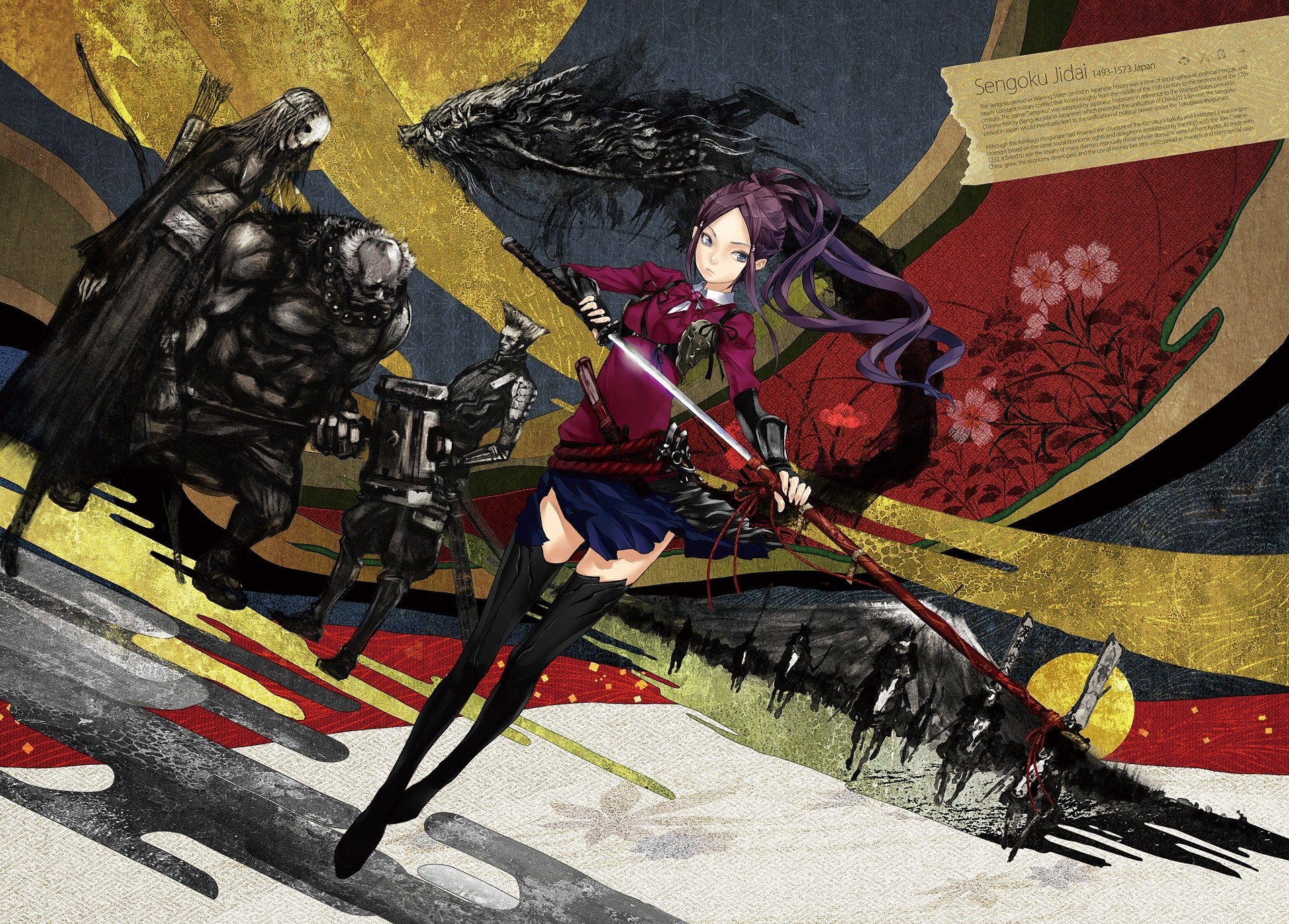 hort hair purple eyes armour long hair animals weapon mask japanese clothes purple hair katana stockings sword samurai tail thighhigh