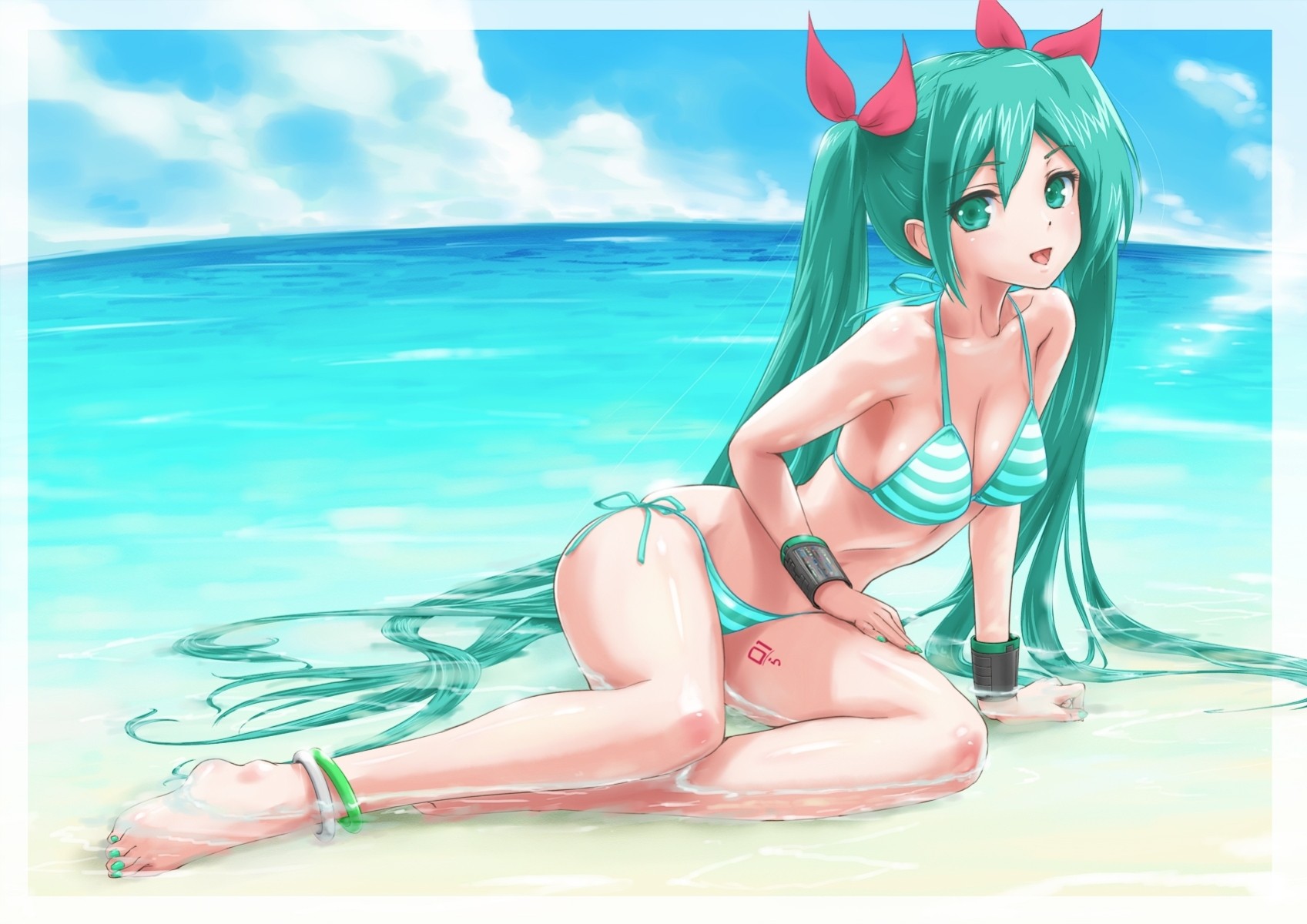 humide plage cheveux longs bikini maillot de bain twintails eau hatsune miku