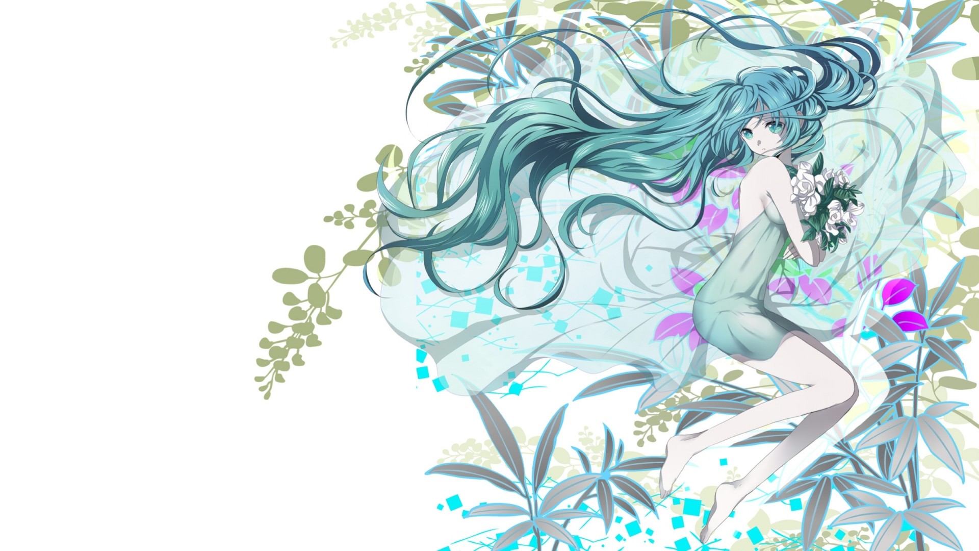 barefoot long hair white flower dress hatsune miku