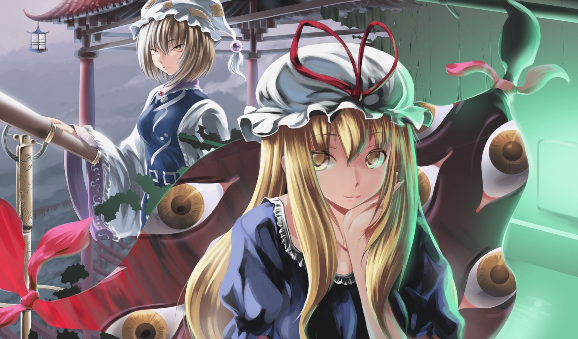 hort hair tapes blonde hair long hair hat 2girls yakumo yukari brown hair