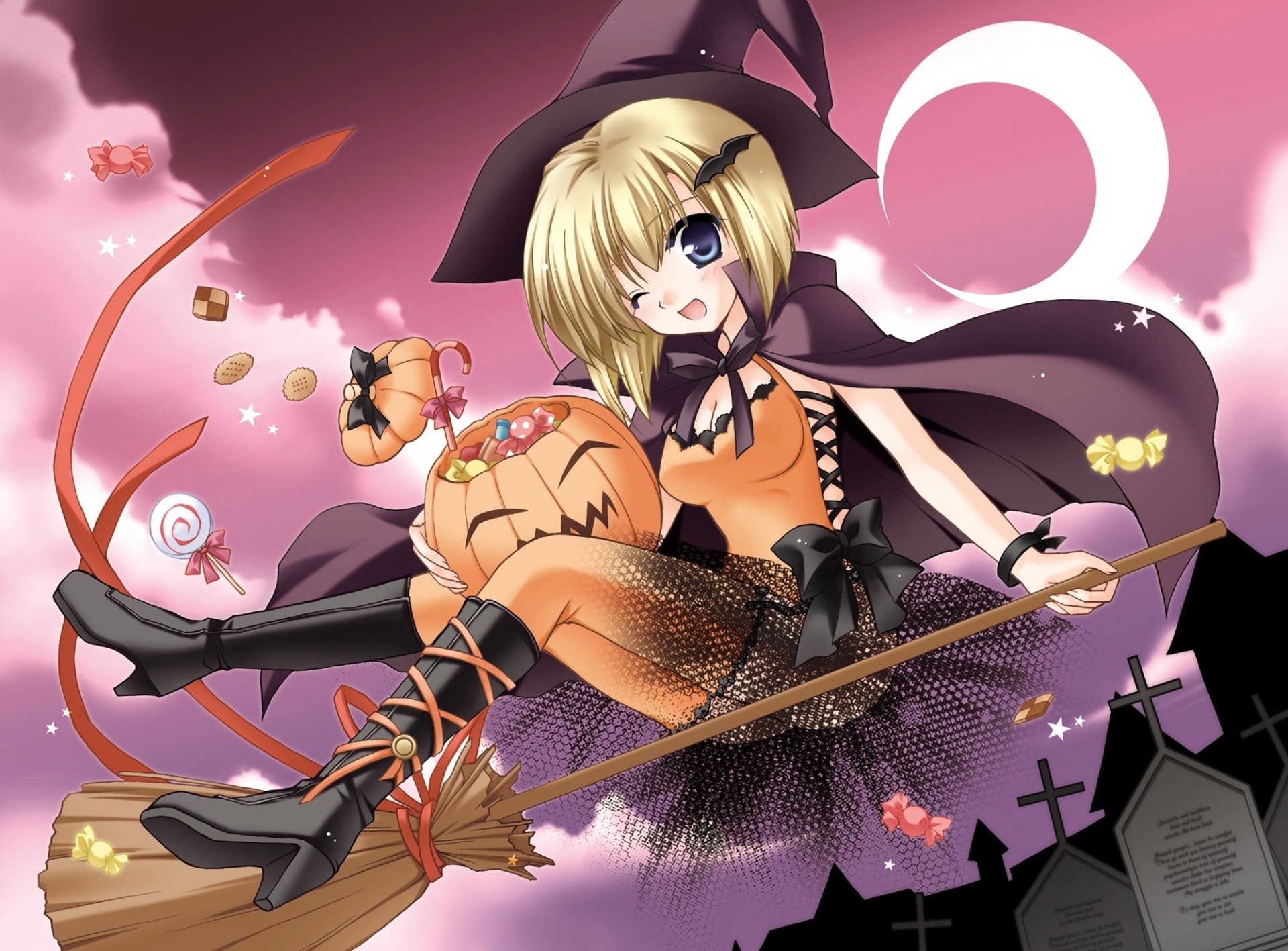 luna scopa nastro caramelle strega occhiolino dolci croci halloween ragazza arte cimitero