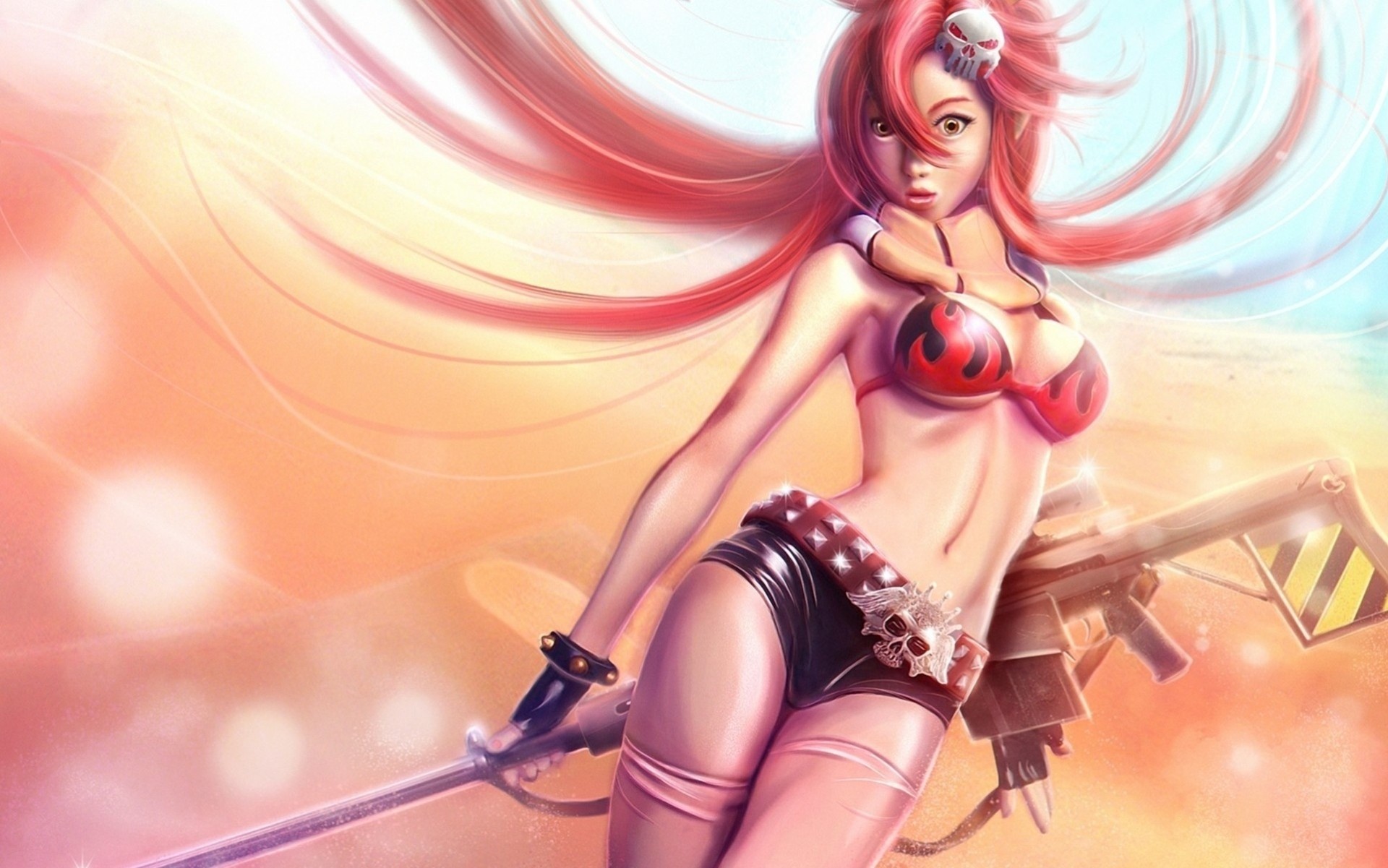 pantalones cortos arte armas chica cráneo bufanda gurren lagann