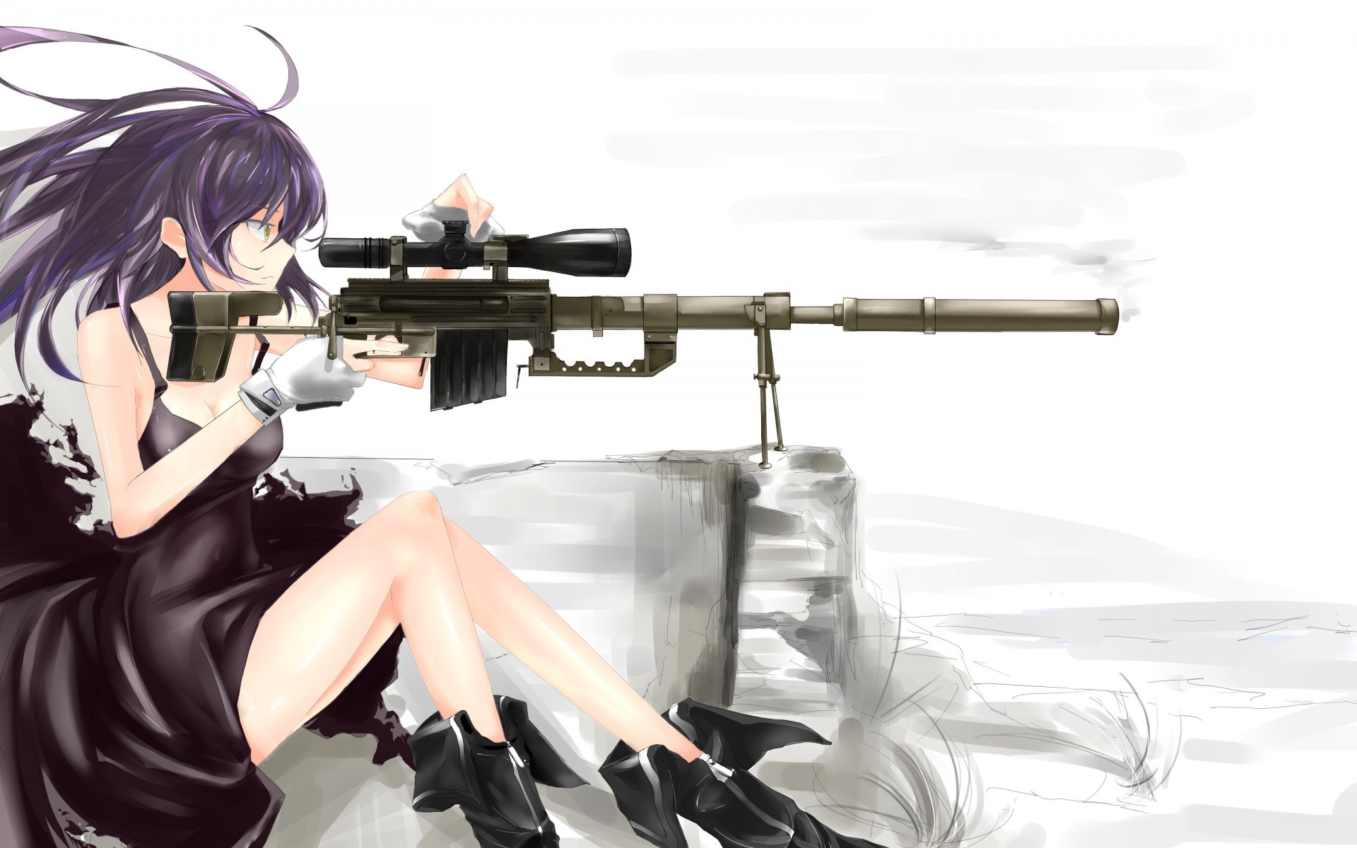 flying fortress boots gloves purple hair long hair green eyes dress weapon